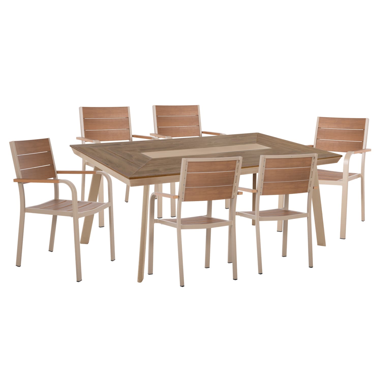 OUTDOOR DINING SET TABER TABLE & 6 DINING CHAIRS-ALUMINUM & POLYWOOD--CHAMPAGNE COLOR
