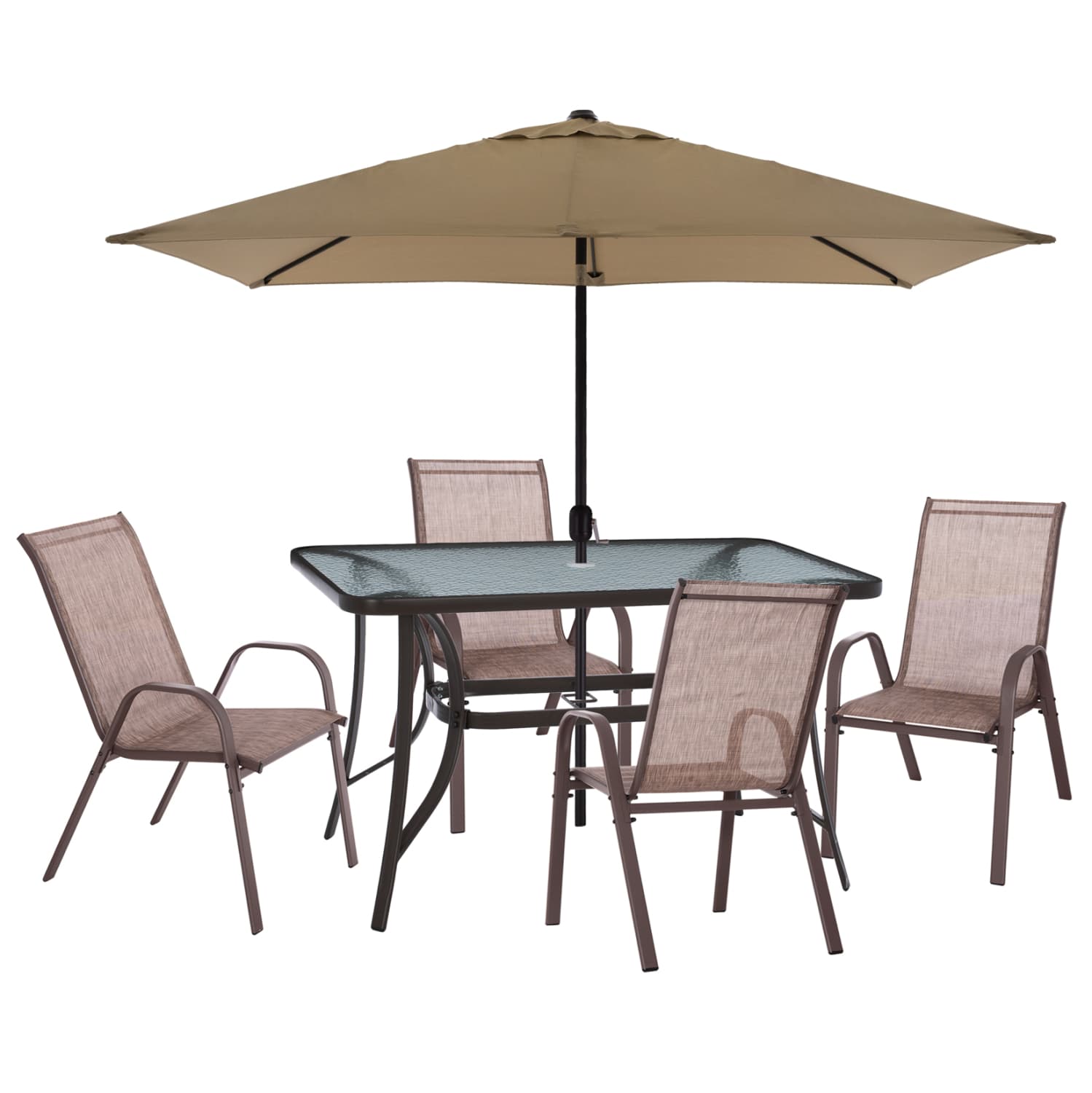 OUTDOOR DINING SET 6PCS BRAVO DINING TABLE-UMBRELLA-4 ARMCHAIRS--BROWN COLOR