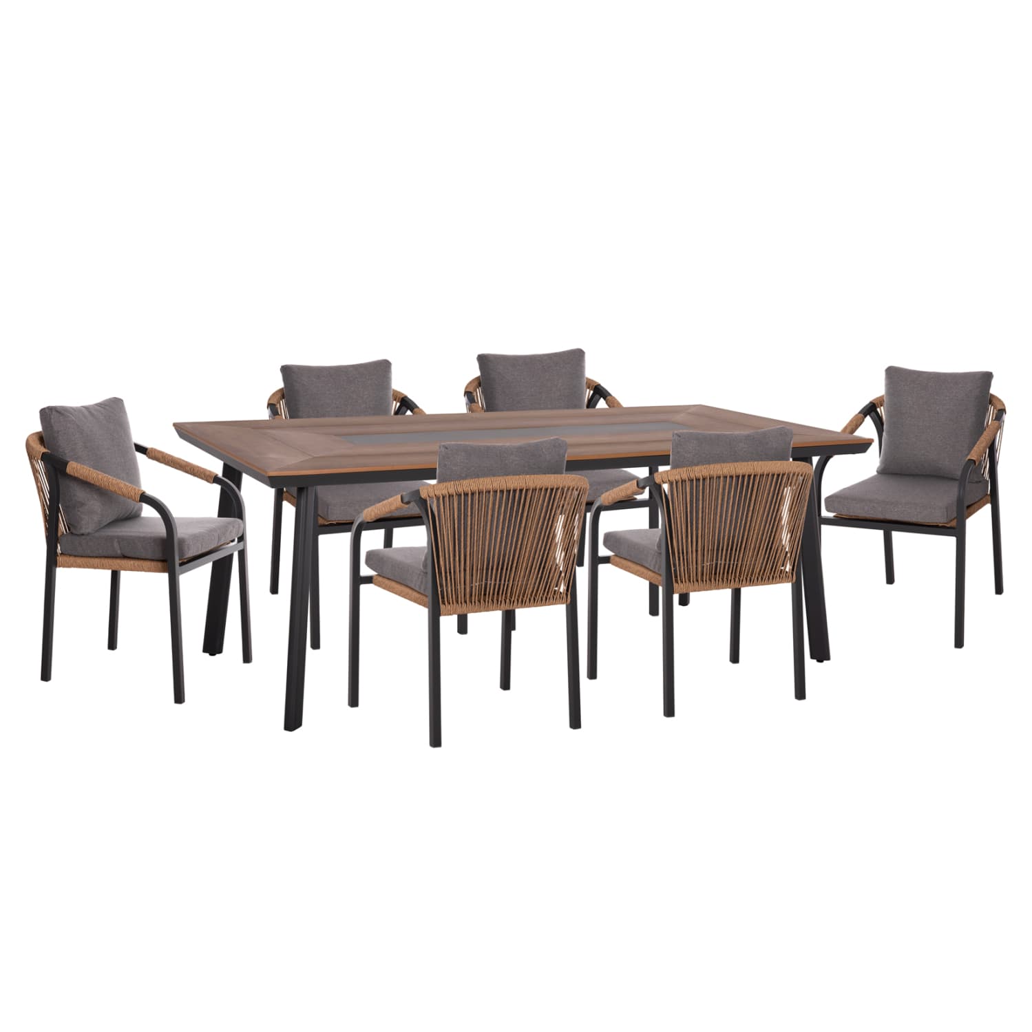 OUTDOOR DINING SET 7PCS MAERLY ALUMINUM & CUSHIONS IN DARK GREY--POLYWOOD