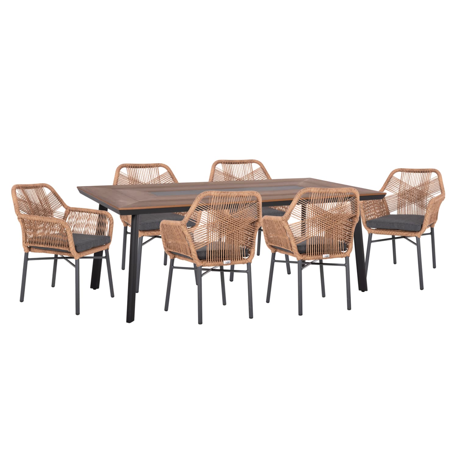 OUTDOOR DINING SET 7PCS TOPIN ALUMINUM IN DARK GREY--POLYWOOD--P.E.RATTAN