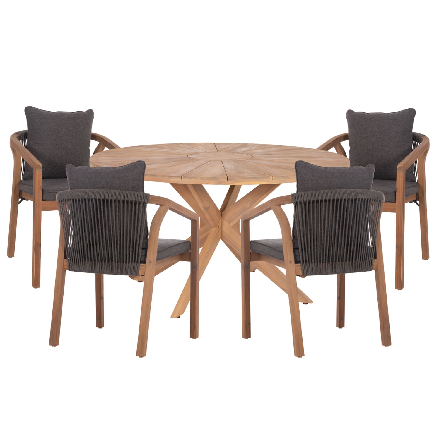 OUTDOOR DINING SET 5PCS CORTEN ACACIA WOOD IN NATURAL--CUSHIONS IN GREY