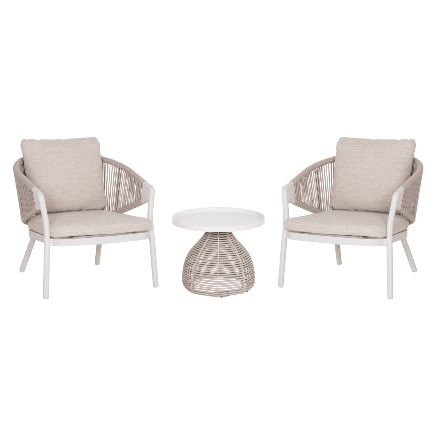 OUTDOOR 3PCS SET DRISCOLL COFEE TABLE & 2 ARMCHAIRS--ALUMINUM IN CREAM WHITE