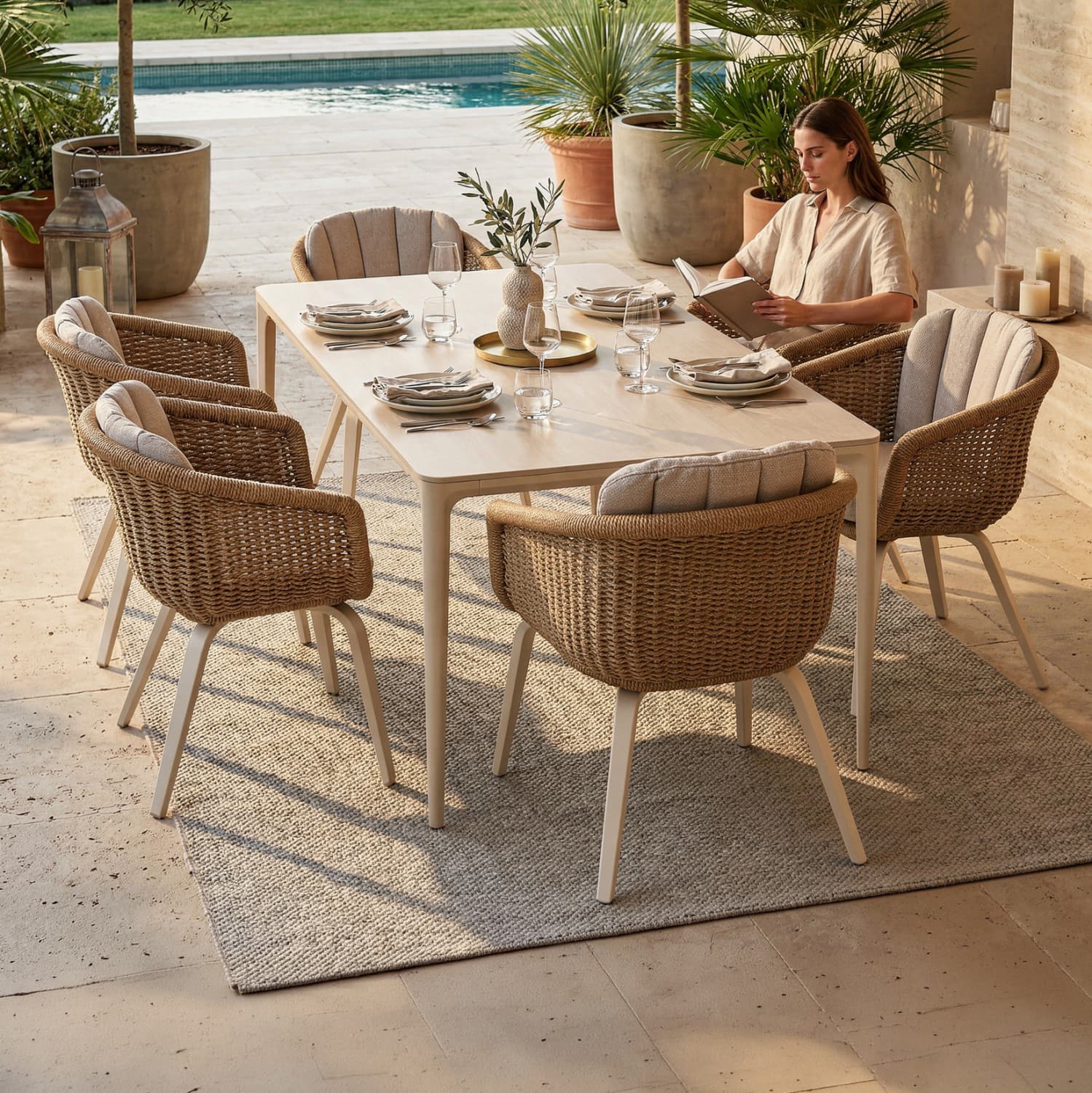 OUTDOOR DINING SET 7PCS VICTUS BEIGE ALUM. & OLEFIN-WHITE SINTERED STONE--WICKER