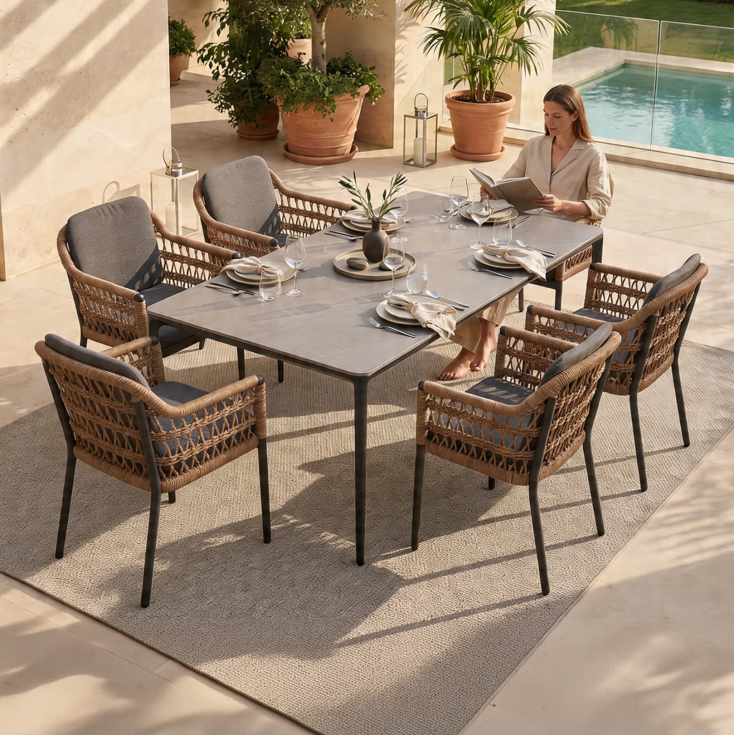 OUTDOOR DINING SET 7PCS STAD GREY ALUMINUM-SINTERED STONE TOP-OLEFIN FABRIC