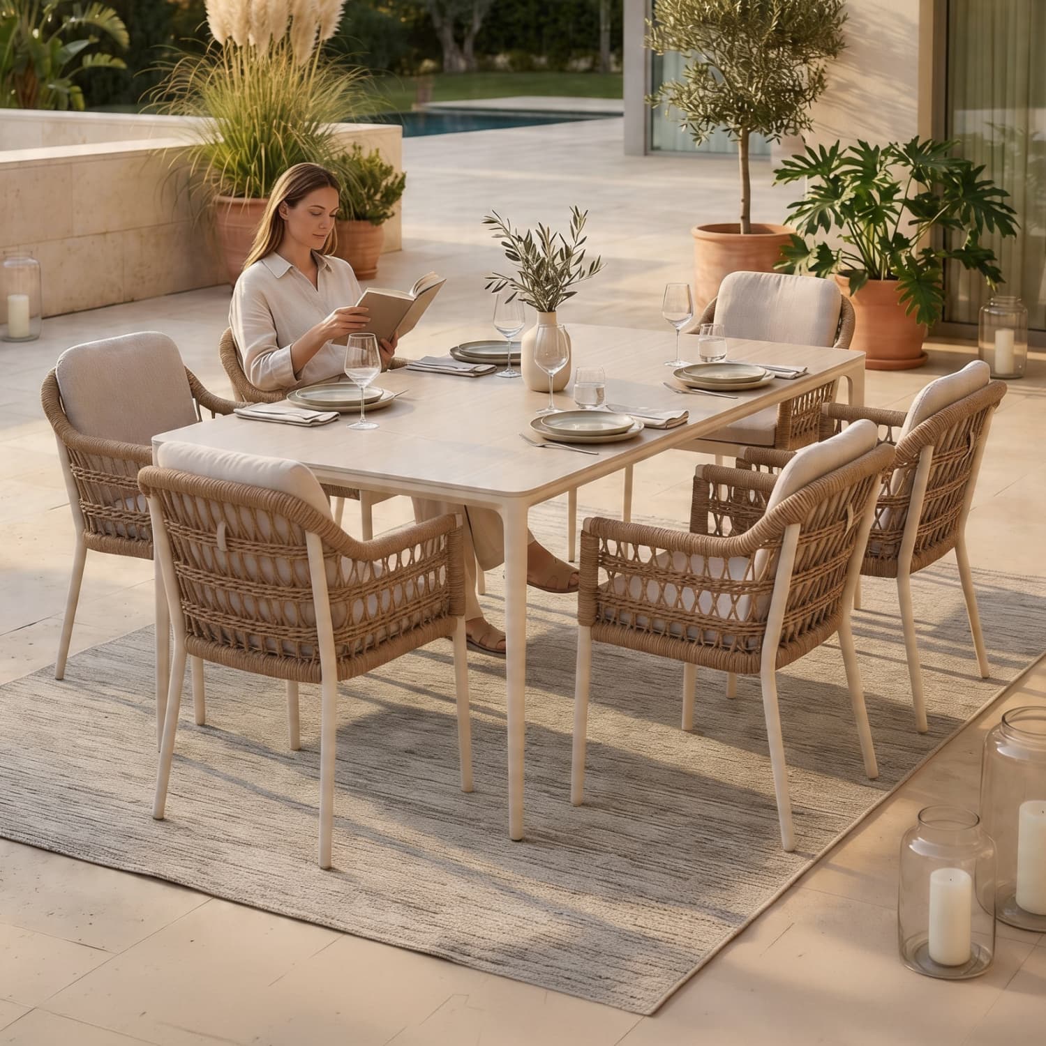 OUTDOOR DINING SET 7PCS STAD BEIGE ALUM. & OLEFIN-WHITE SINTERED STONE TOP