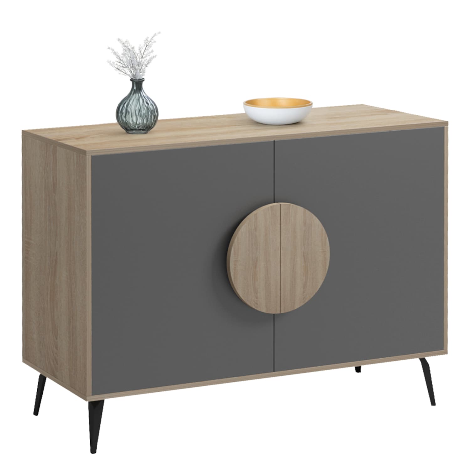 SIDEBOARD SAVORE MELAMINE IN SONAMA/GREY--BLACK METAL LEGS 110x35.5x82Hcm.