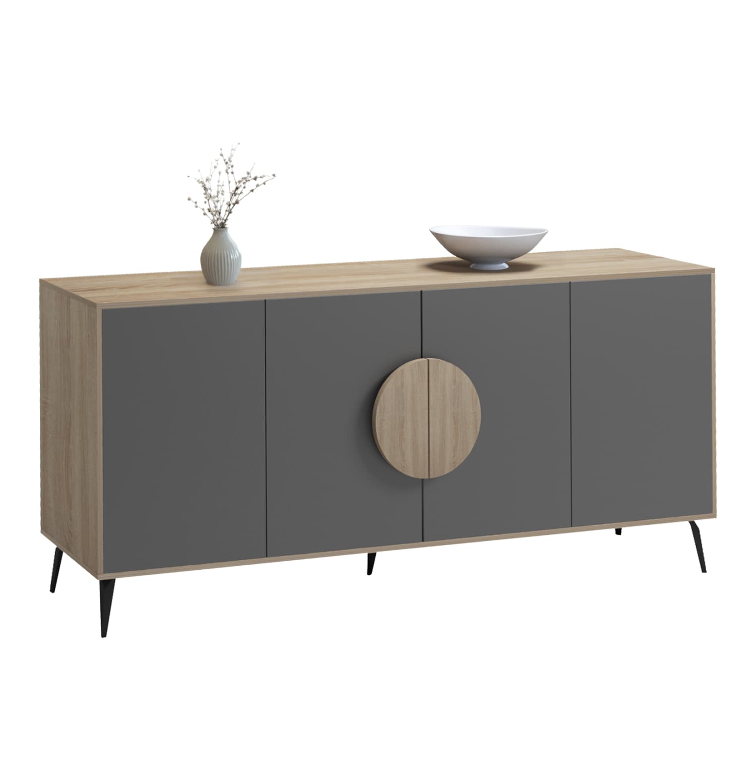 SIDEBOARD SAVORE MELAMINE IN SONAMA/GREY--BLACK METAL LEGS 180x35.5x82Hcm.
