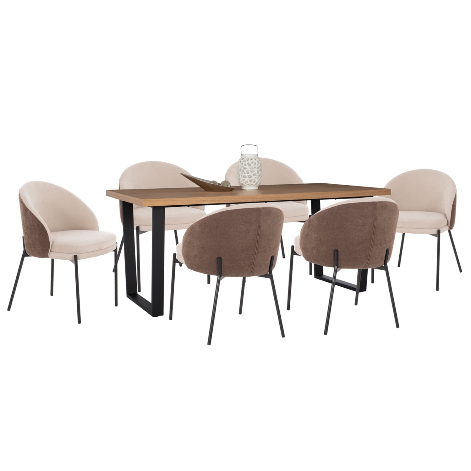 DINING SET 7PCS ASTORIA MDF TOP--FABRIC IN BEIGE/BROWN & BLACK METAL LEGS
