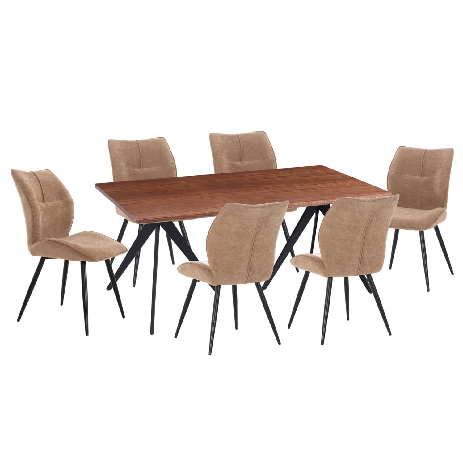 DINING SET 7PCS GAFF MDF TOP IN WALNUT--FABRIC IN TAUPE & BLACK METAL LEGS