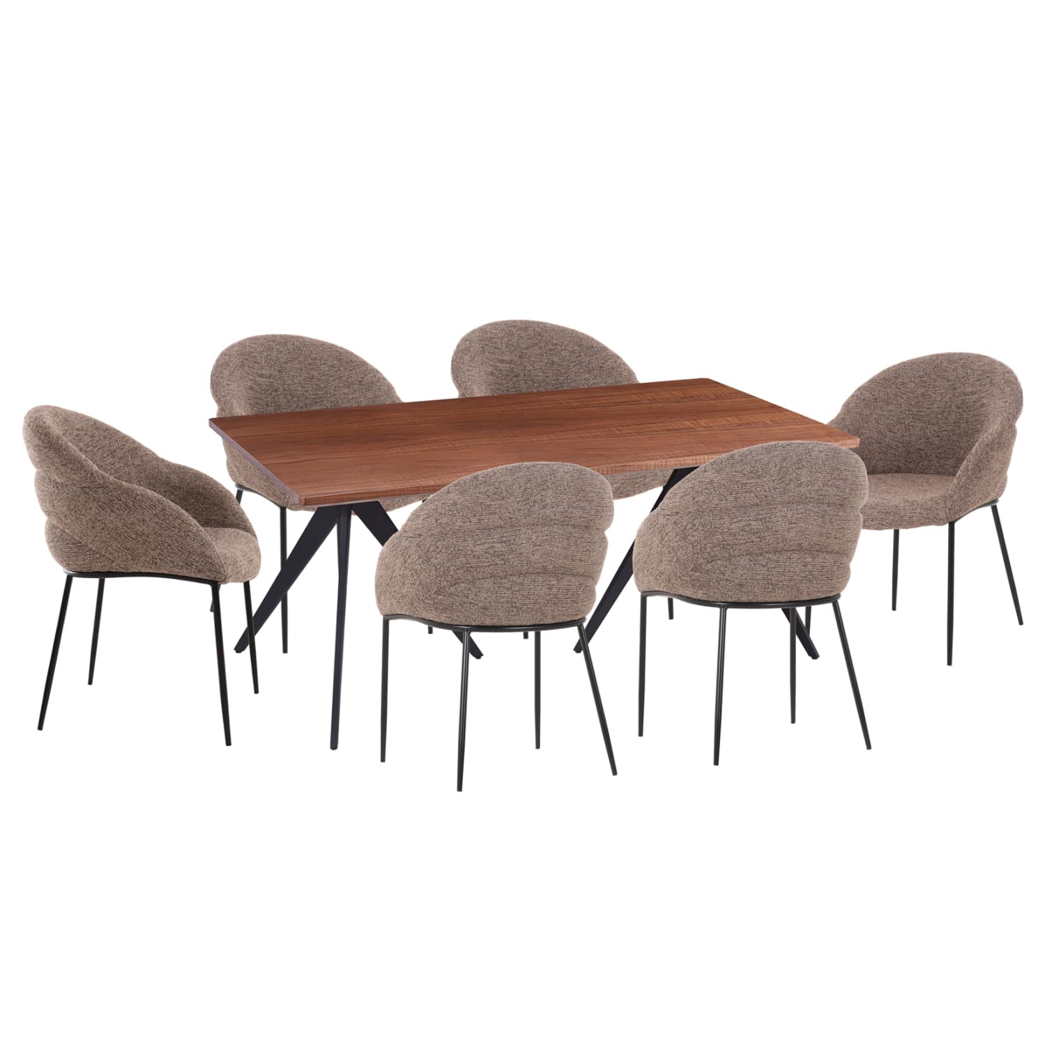 DINING SET 7PCS DRENNY MDF TOP IN WALNUT--FABRIC IN TAUPE & BLACK METAL LEGS