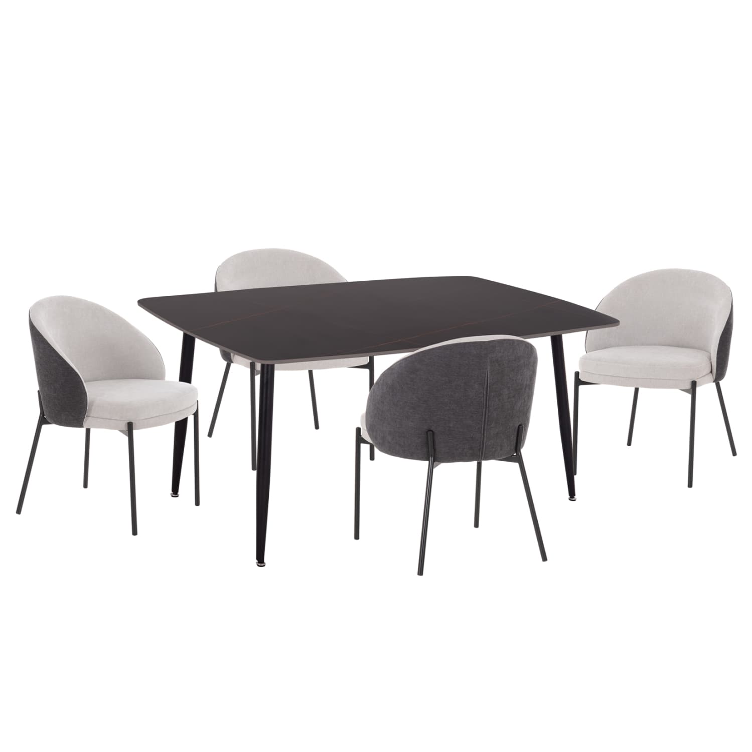 DINING SET 5PCS DETTON CERAMIC TOP--FABRIC IN GREY & BLACK METAL LEGS