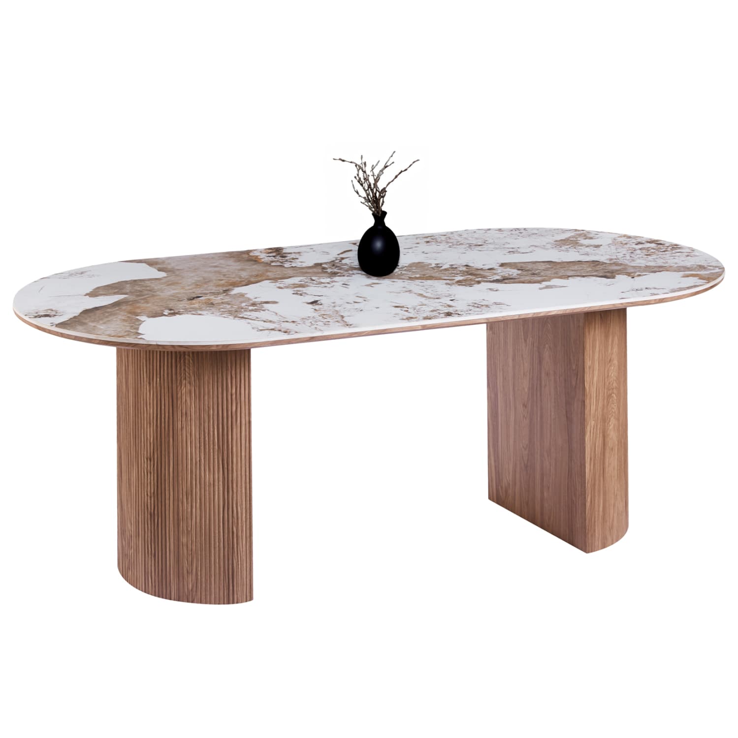 DINING TABLE OVAL MARBLEX CERAMIC TOP IN PANDORA COLOR--MDF LEGS IN WALNUT 210x100x77Hcm.