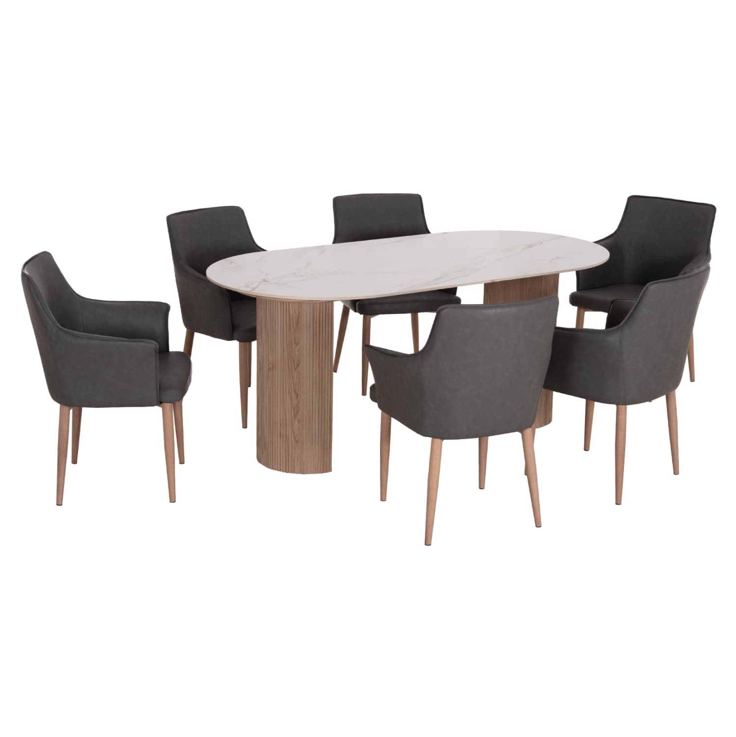 DINING SET 7PCS MELLOW CERAMIC TOP/MDF LEGS--PU IN GREY/METAL LEGS