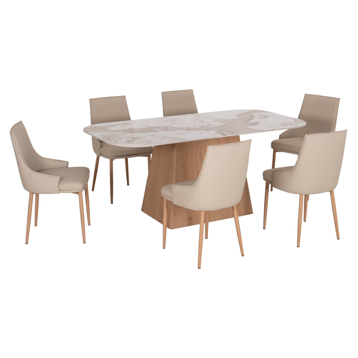 DINING SET 7PCS NORDU CERAMIC TOP/MDF LEGS--PU IN CREAM/METAL LEGS