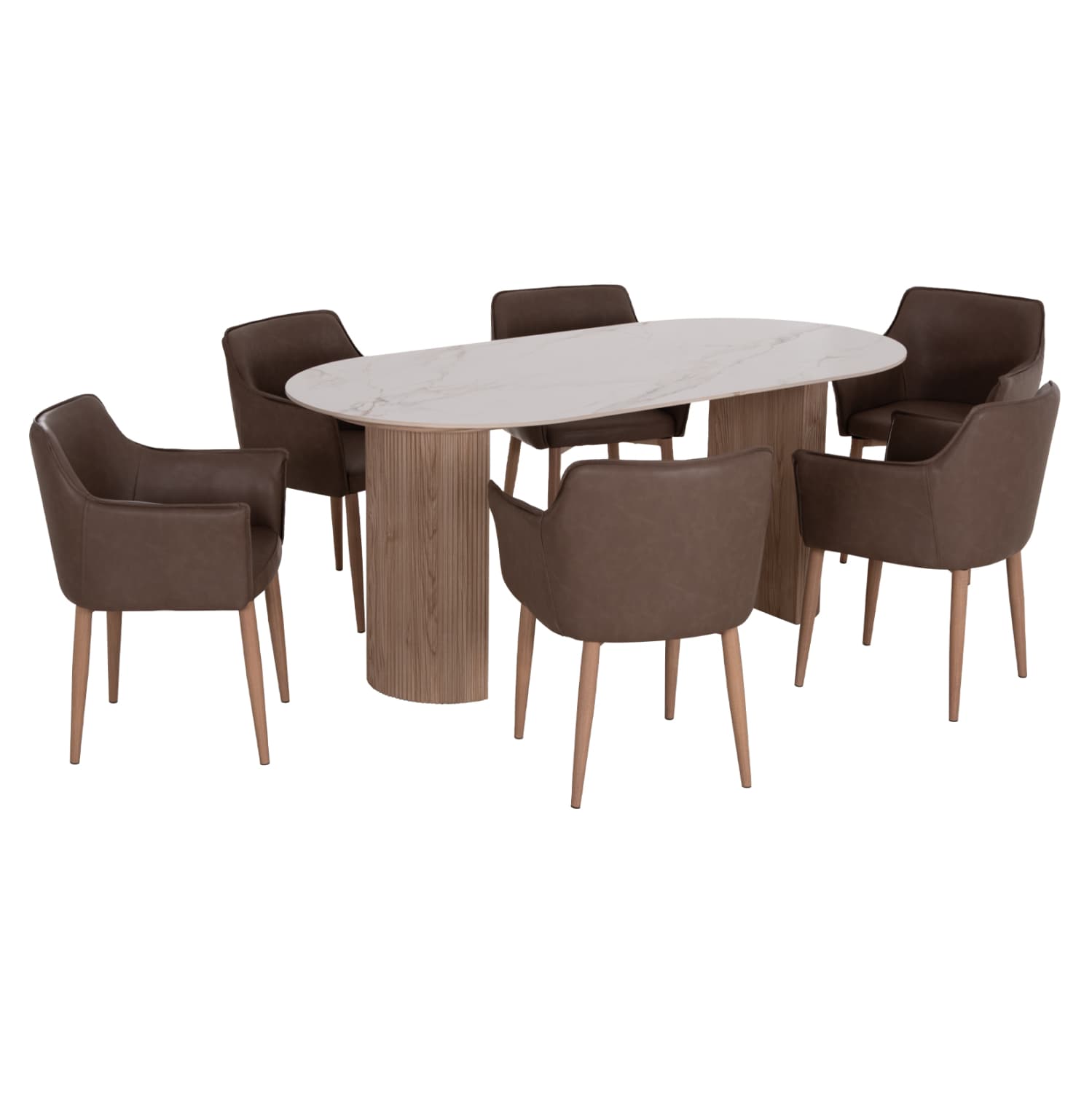 DINING SET 7PCS MELLOW CERAMIC TOP/MDF LEGS--PU IN BROWN/METAL LEGS