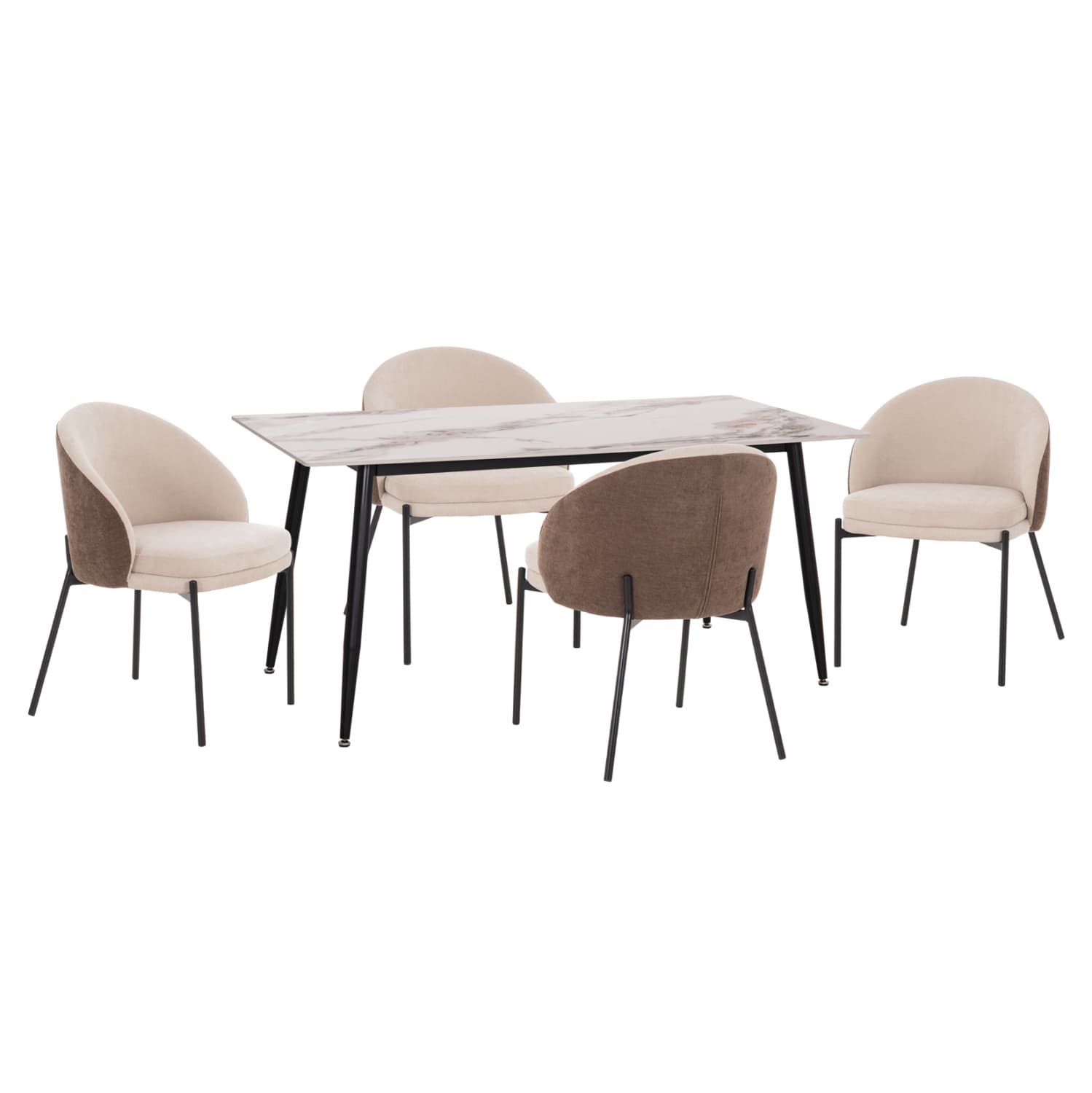 DINING SET 5PCS DETTON CERAMIC TOP--FABRIC IN BEIGE/BROWN & BLACK METAL LEGS