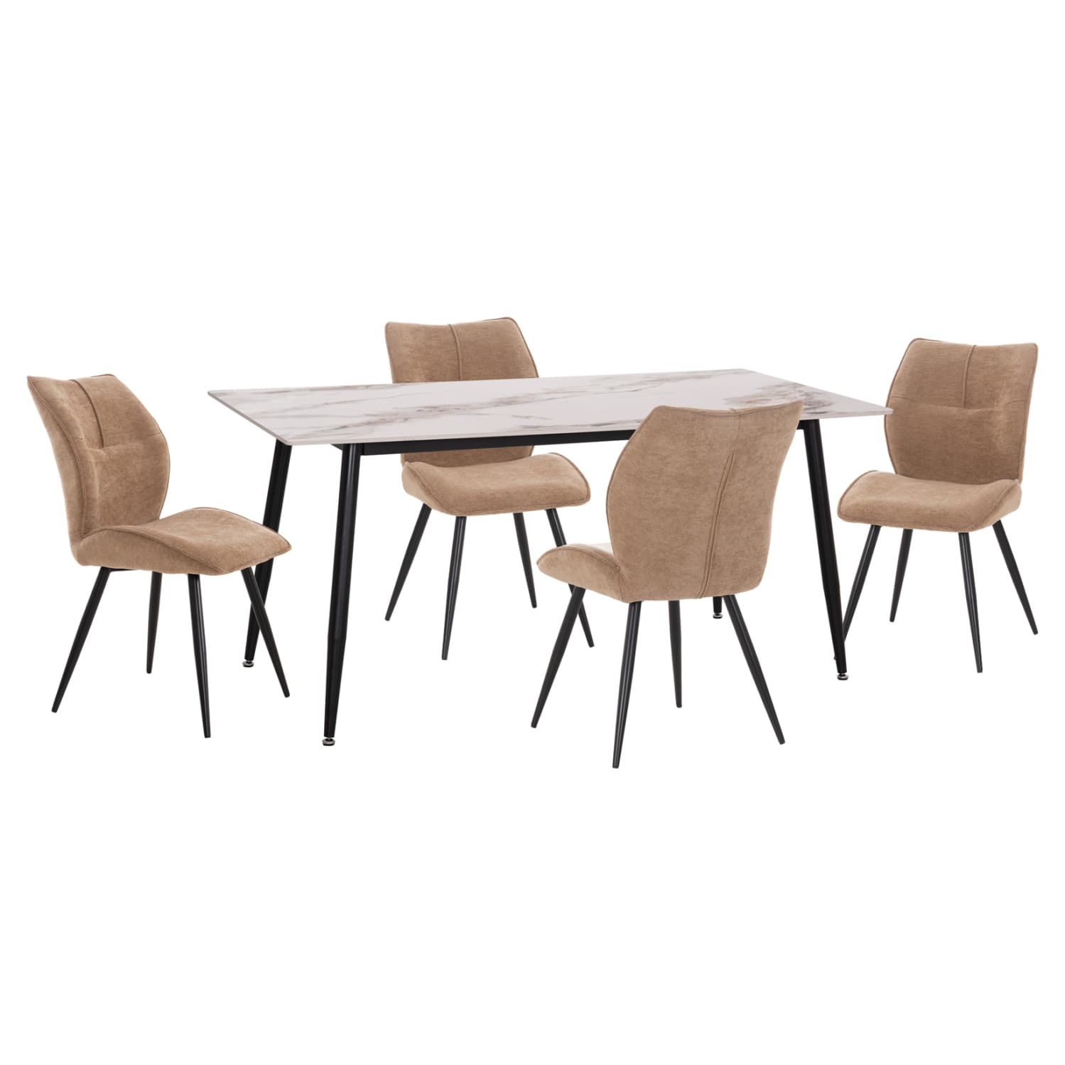 DINING SET 5PCS GAFF CERAMIC TOP--FABRIC IN TAUPE & BLACK METAL LEGS