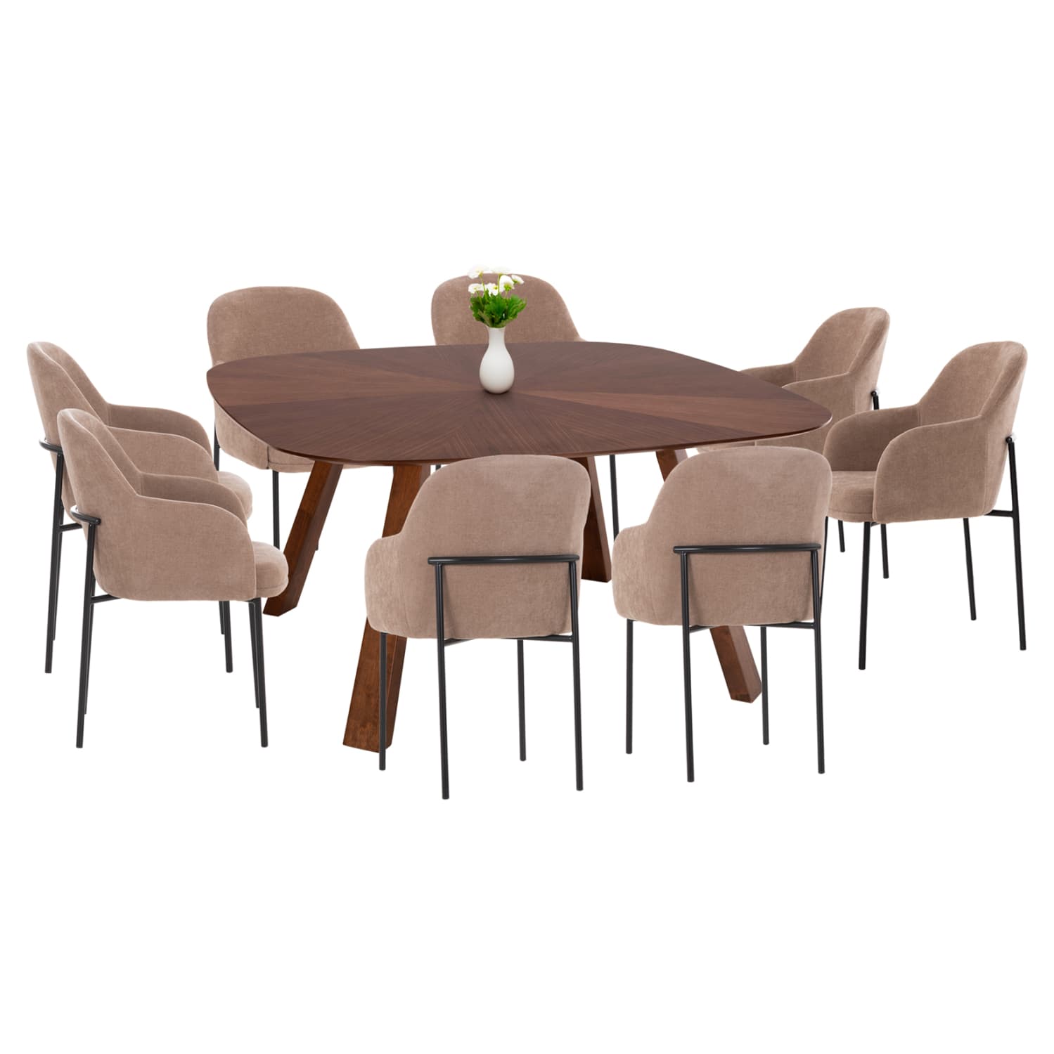 DINING SET 9PCS RINER MDF IN WALNUT VENEER--TAUPE FABRIC
