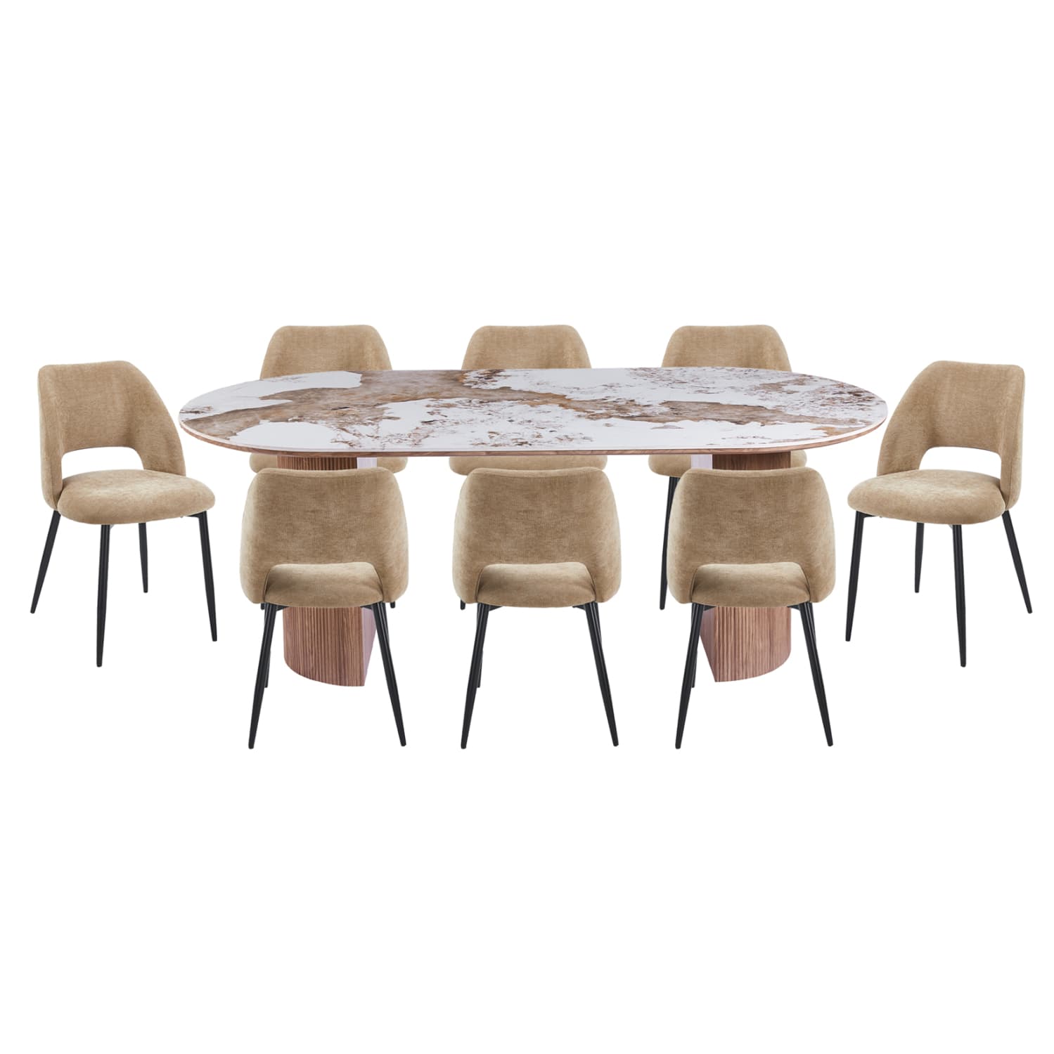 DINING SET 9PCS MARBLEX CERAMIC TOP IN PANDORA COLOR SCHEME--CHAIRS WITH TAUPE COLOR FABRIC