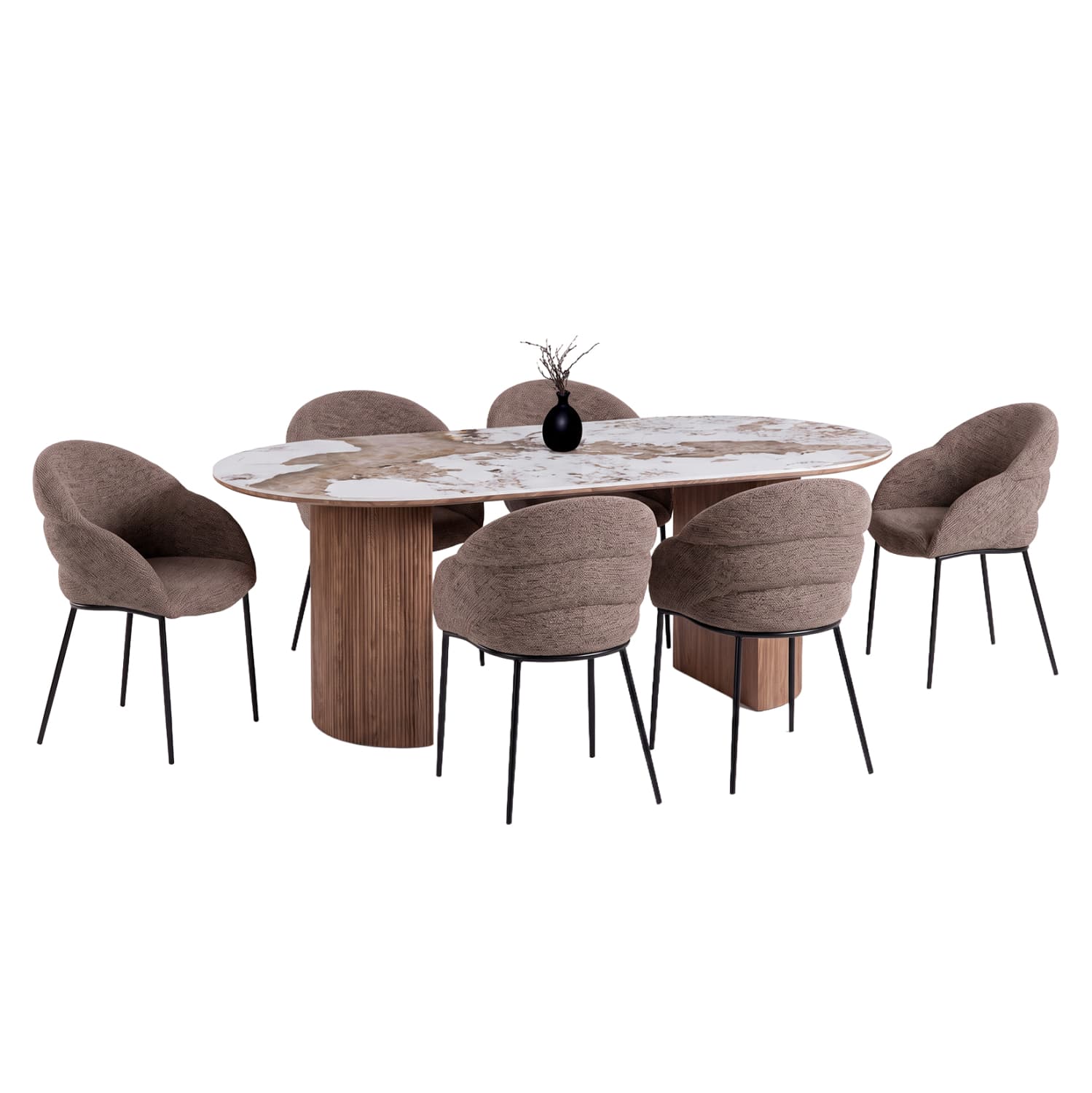 DINING SET 7PCS DRENNY CERAMIC TOP IN PANDORA COLOR SCHEME--CHAIRS WITH TAUPE COLOR FABRIC