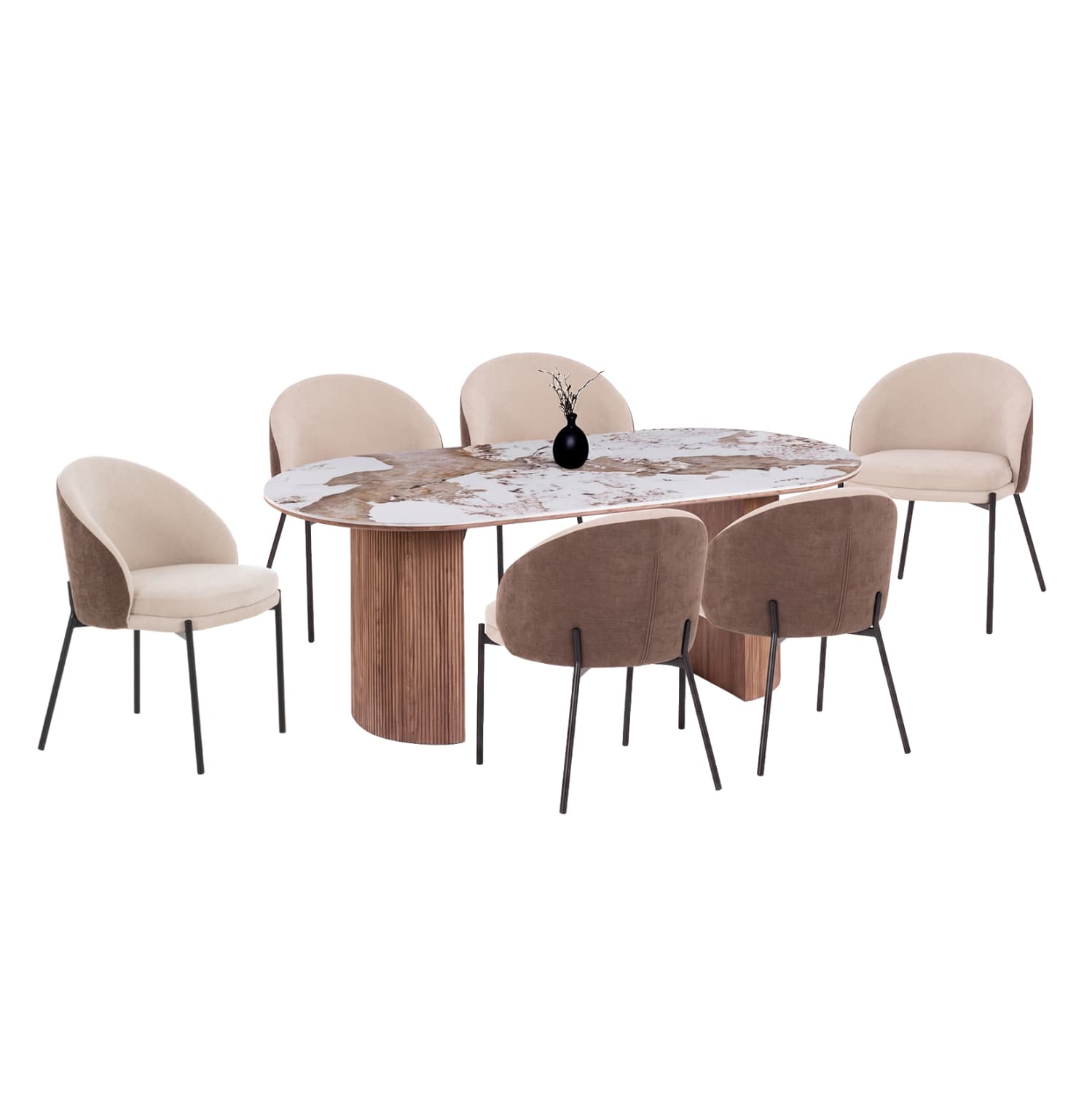 DINING SET 7PCS DETTON CERAMIC TOP IN PANDORA COLOR SCHEME--BEIGE/BROWN COLOR FABRIC