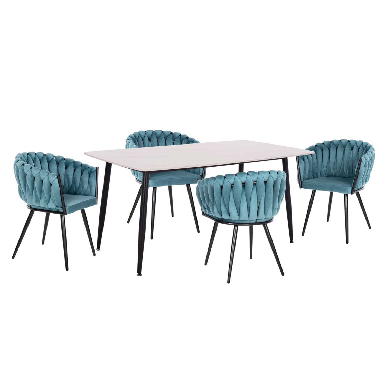 DINING SET 5PCS RAVEN CERAMIC TOP WHITE MARBLE--TURQUOISE VELVET