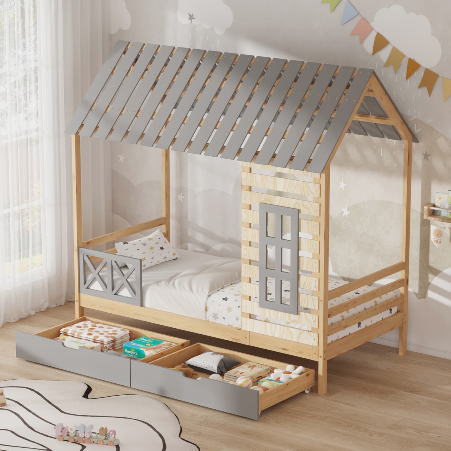 CHILDREN'S BED WITH DRAWERS ROOFTOP PINE WOOD--NATURAL/GREY 197x97x192Hcm
