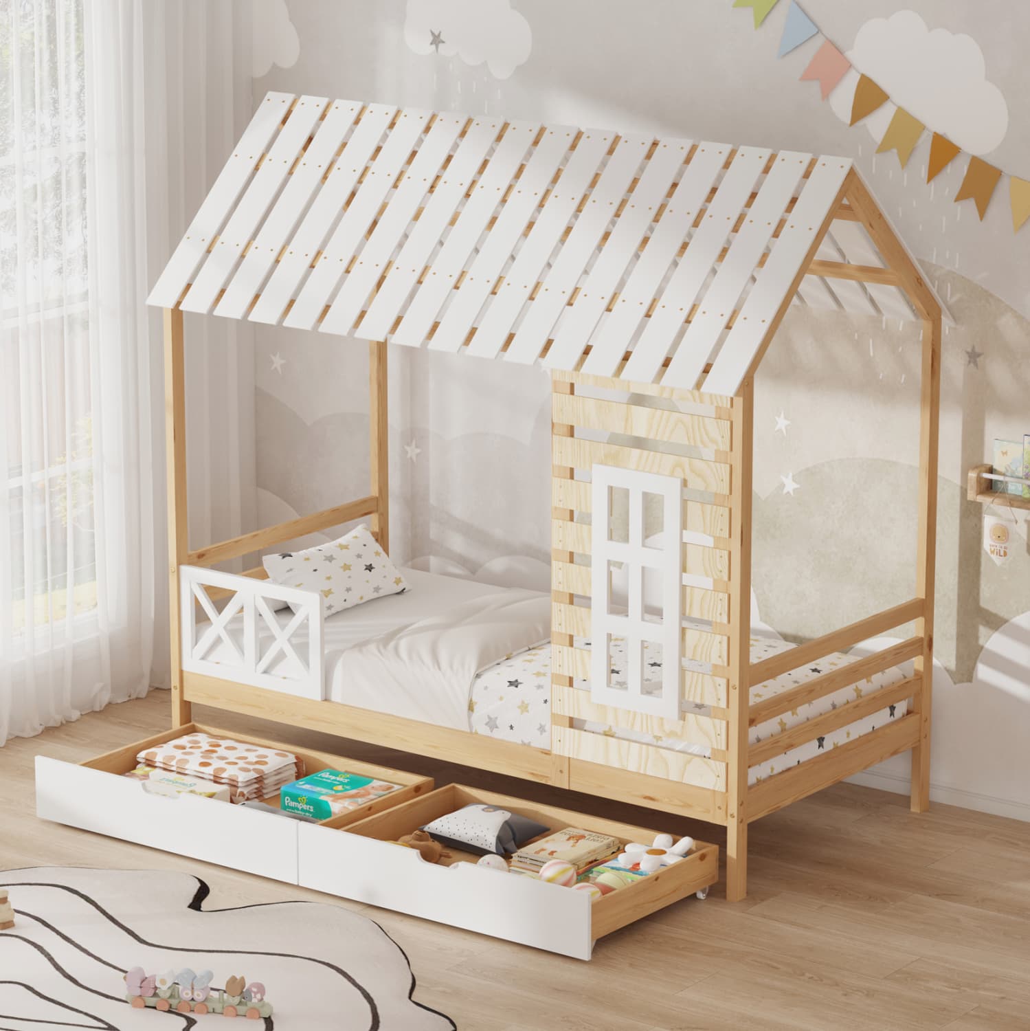 CHILDREN'S BED WITH DRAWERS ROOFTOP PINE WOOD-NATURAL/WHITE 197x97x192Hcm