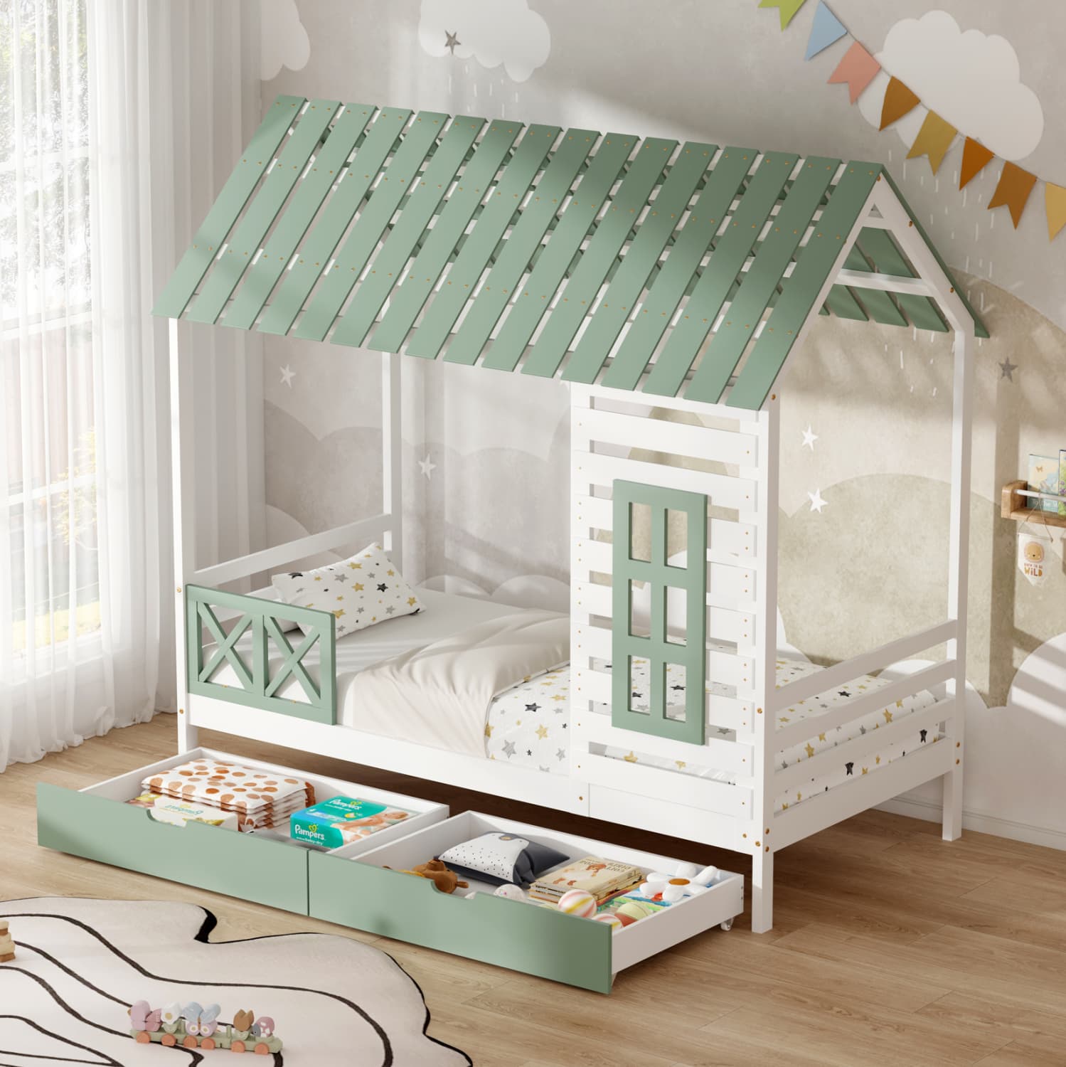 CHILDREN'S BED WITH DRAWERS ROOFTOP PINE WOOD-GREEN/WHITE 197x97x192Hcm