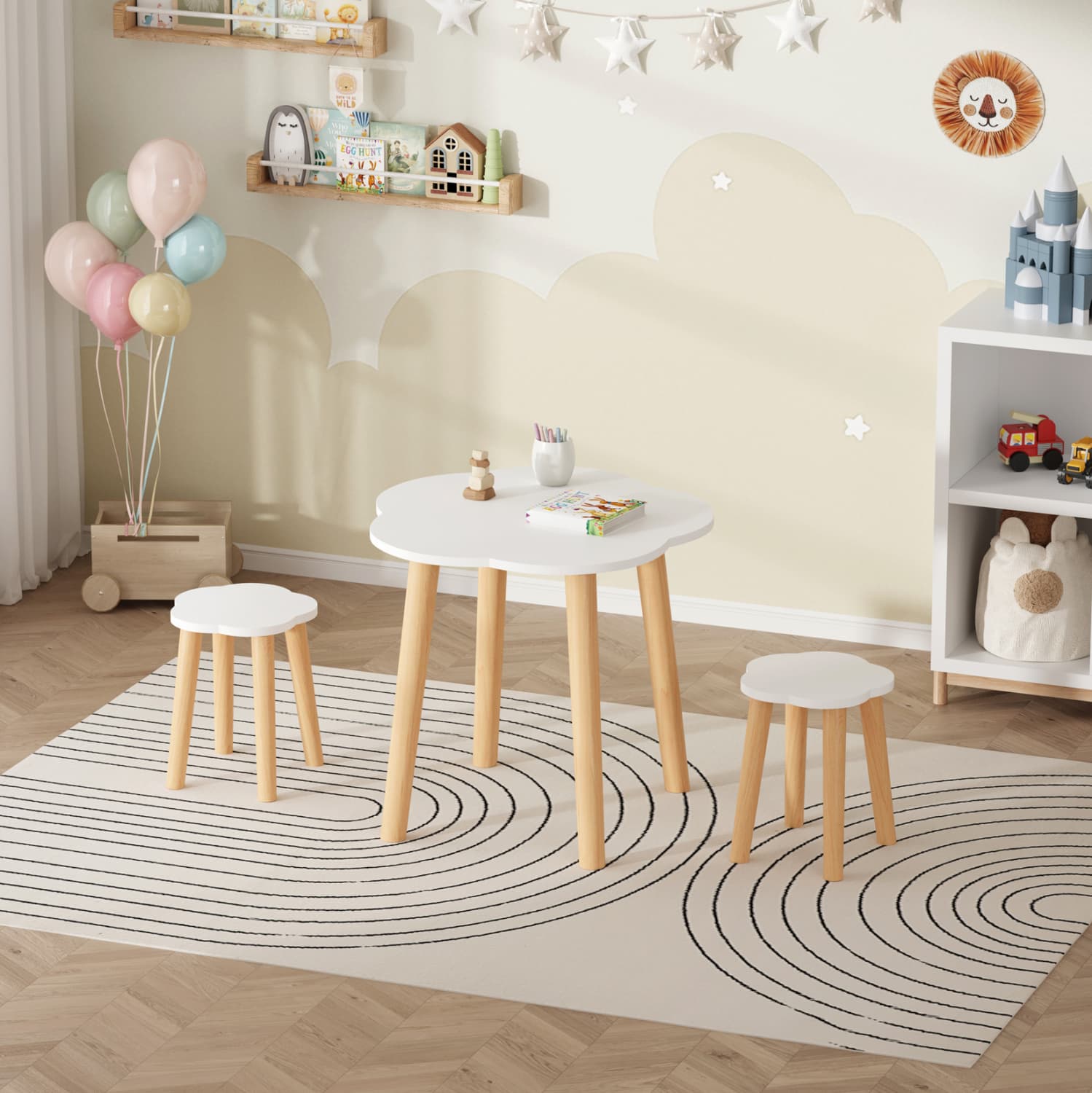 KIDS' SET WITH TABLE & 2 STOOLS SNOOPY MDF & BIRCH WOOD--WHITE/NATURAL Φ60x50Hcm.