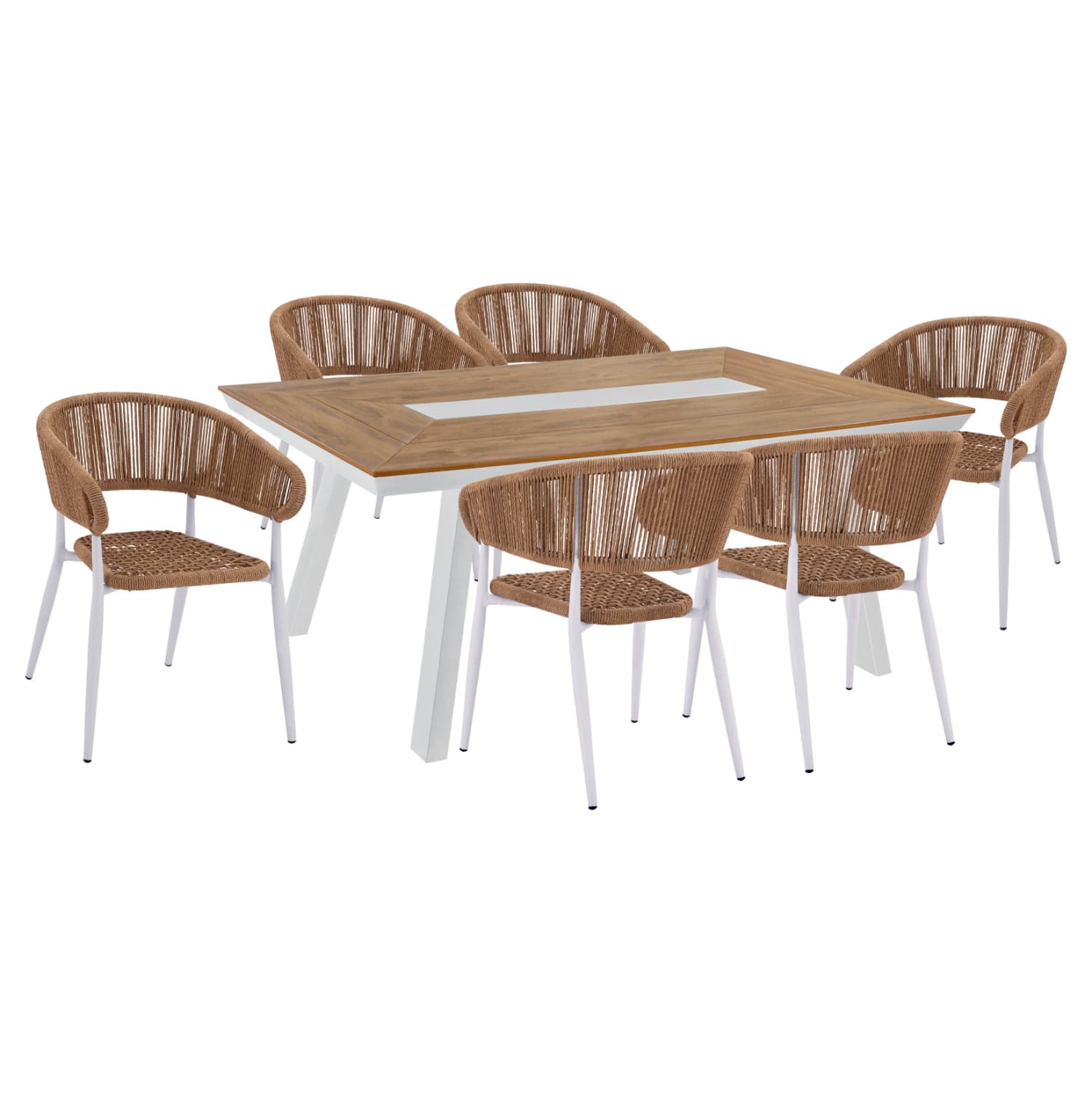 DINNING SET 7PCS WITH POLYWOOD TABLE 200X94 & WHITE ARMCHAIRS