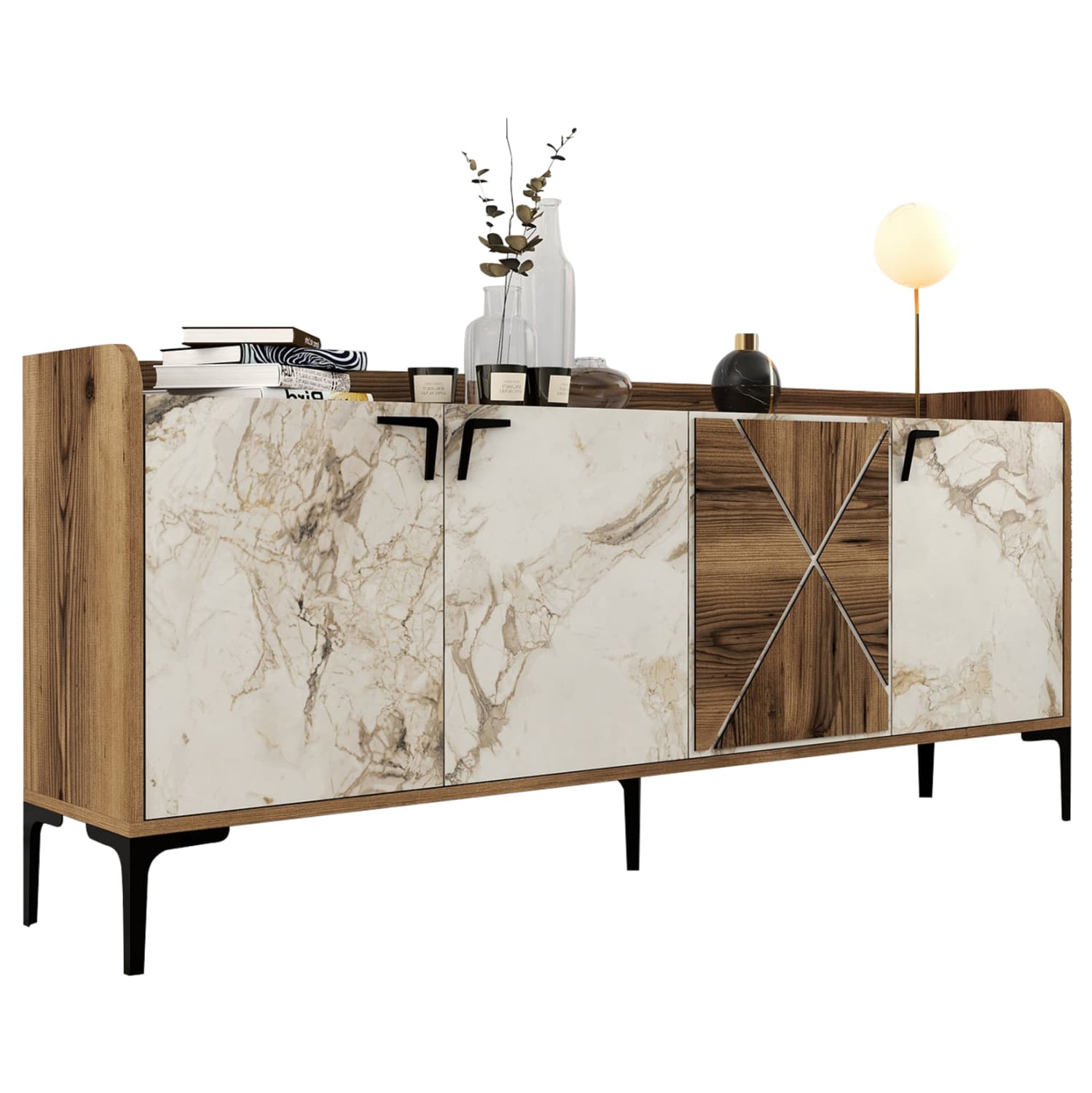 BUFFET MELAMINE WALNUT AND WHITE MARBLE LOOK 180x35x78Ηcm.