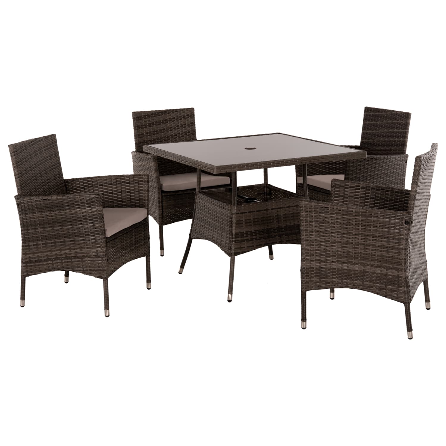 OUTDOOR DINING SET 5PCS BROWN RATTAN-METAL FRAME-GLASS TABLETOP
