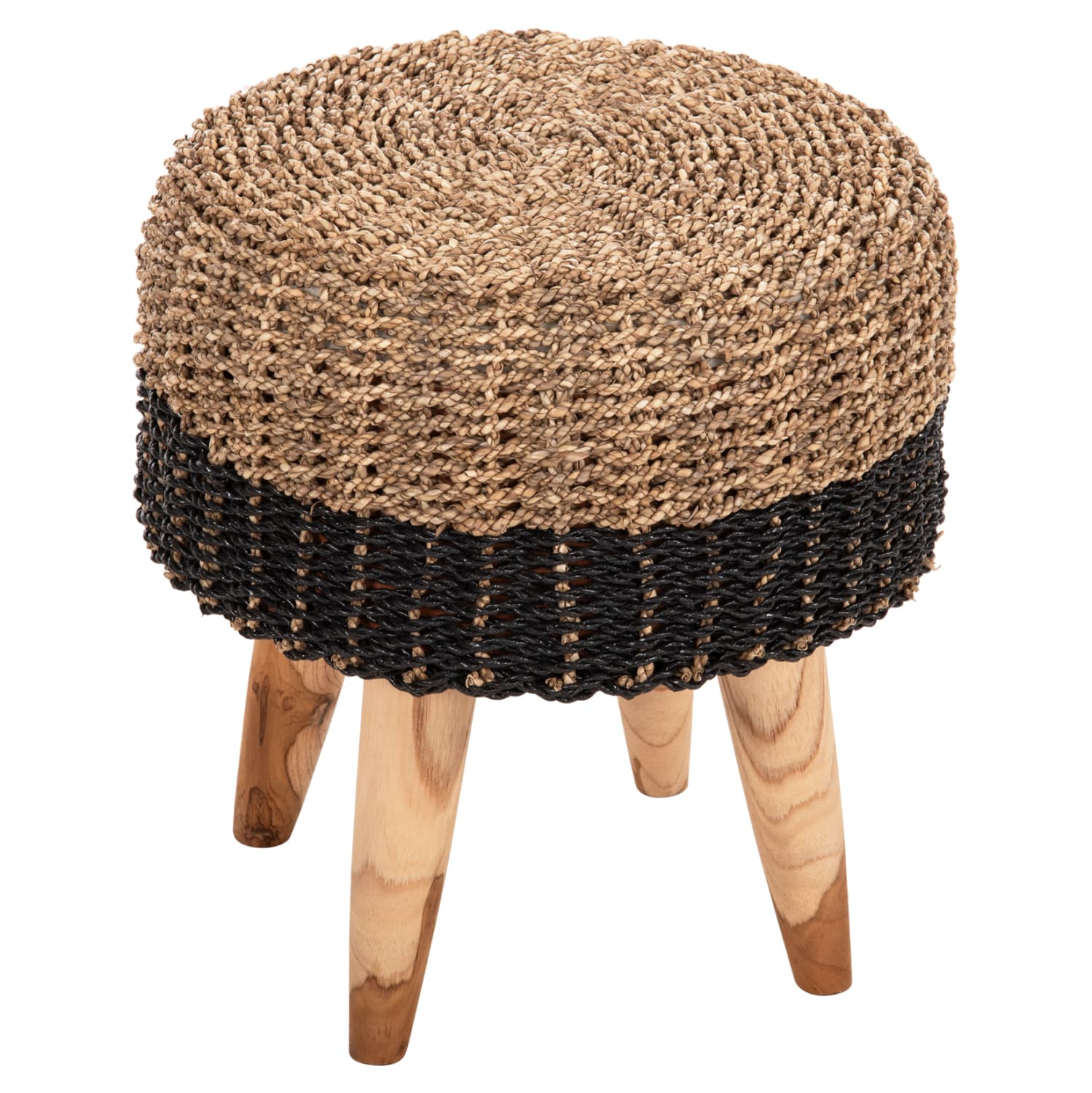 STOOL BEAM TEAK WOOD AND SEAGRASS RUSH IN NATURAL & BLACK Φ43x45Hcm.