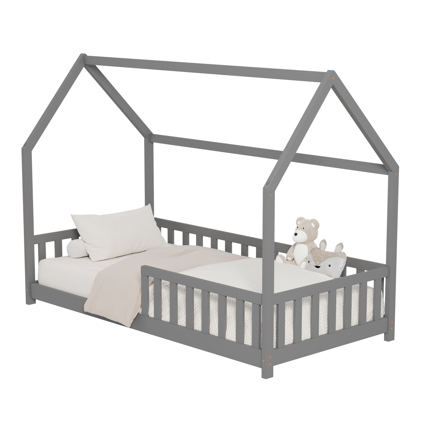 BED FOR KIDS WITH FENCE PHYLLIS t.MONTESSORI SOLID PINE WOOD IN GREY- 190x90cm.