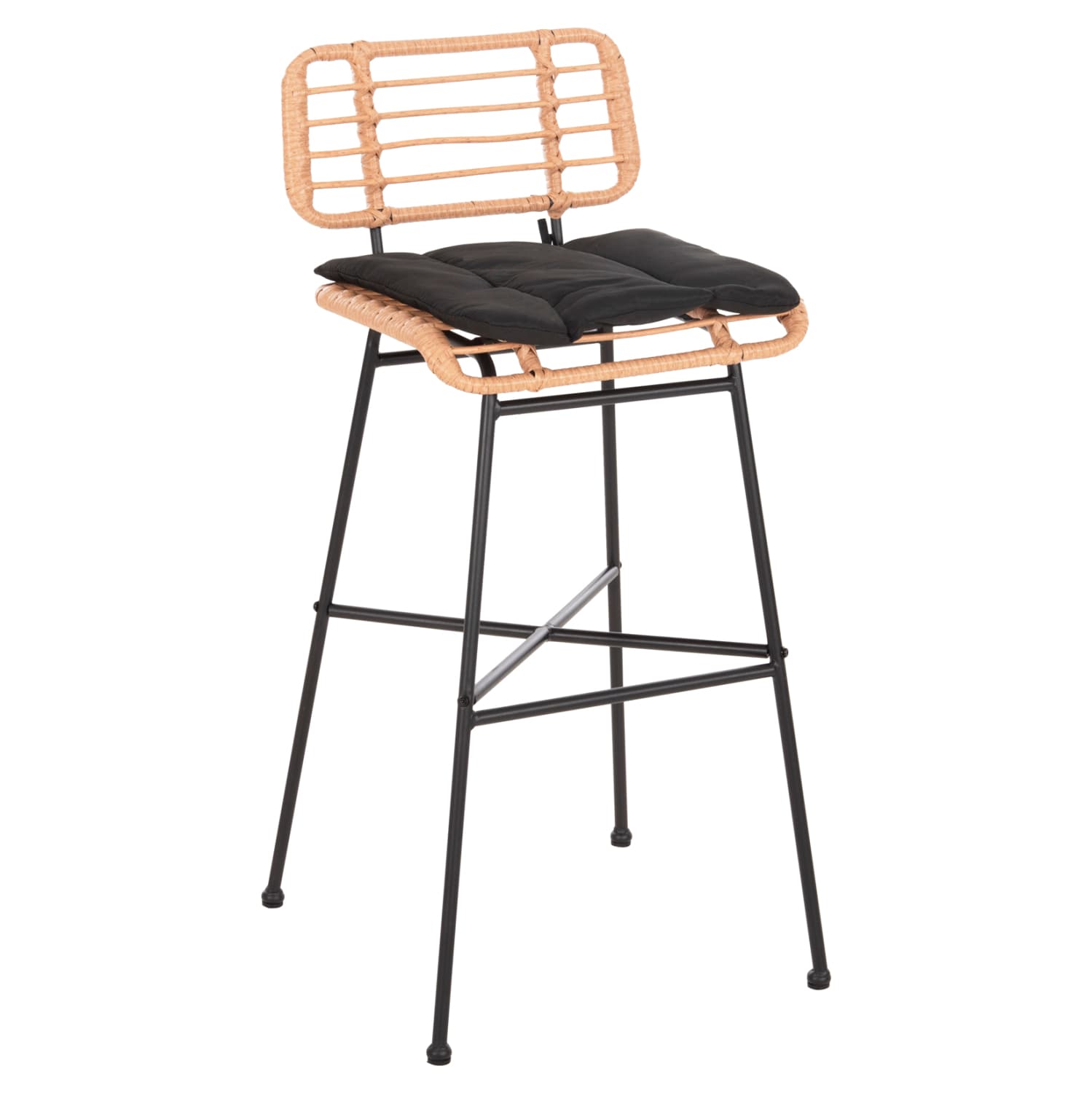 BAR STOOL HIGH SEAT ALLEGRA METAL&CUSHION IN BLACK-BEIGE WICKER 48x49x99,5Hcm.