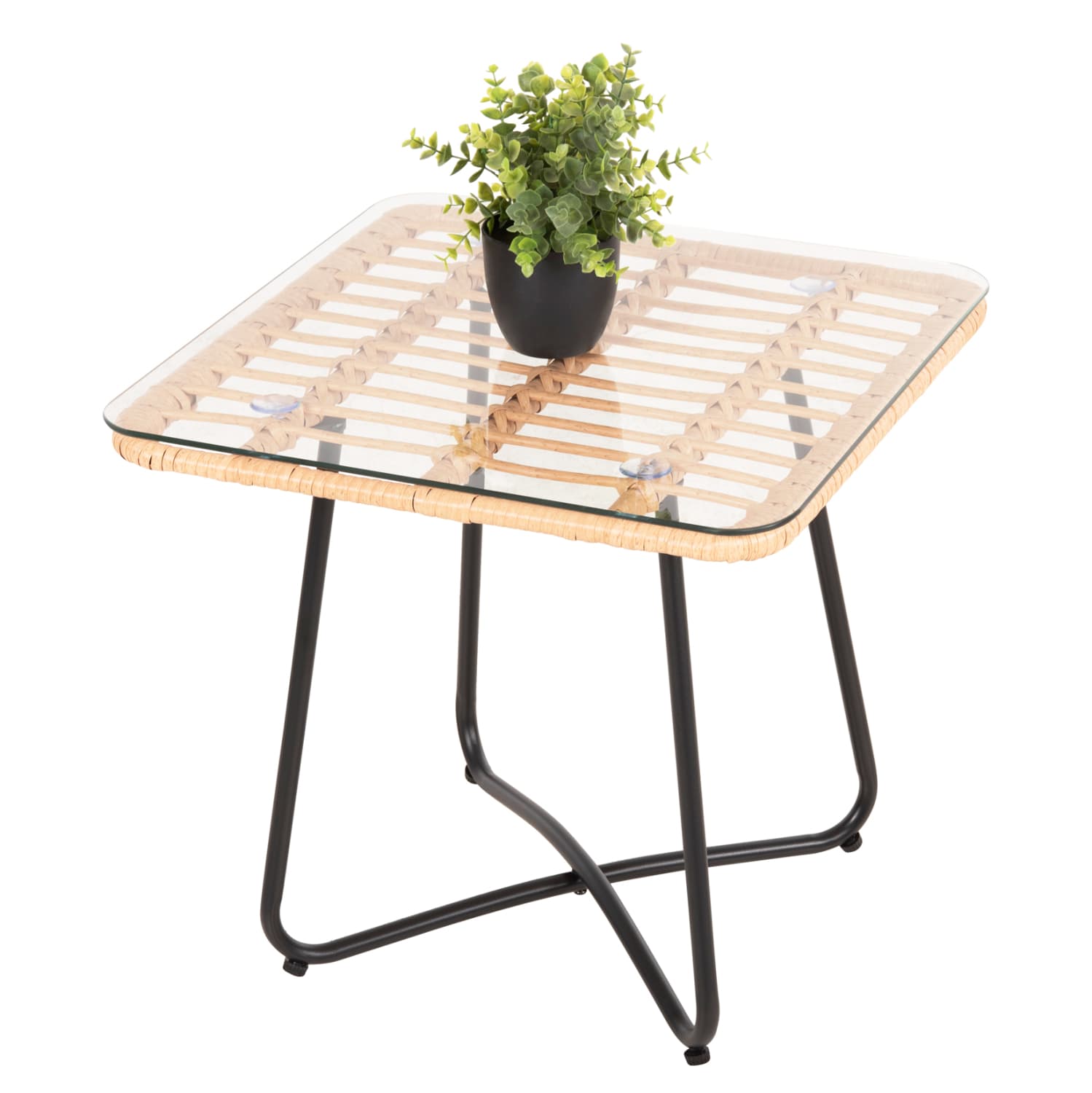 COFFEE TABLE GERRY P.E.RATTAN IN BEIGE-BLACK METAL FRAME 50x50x47,5Hcm.