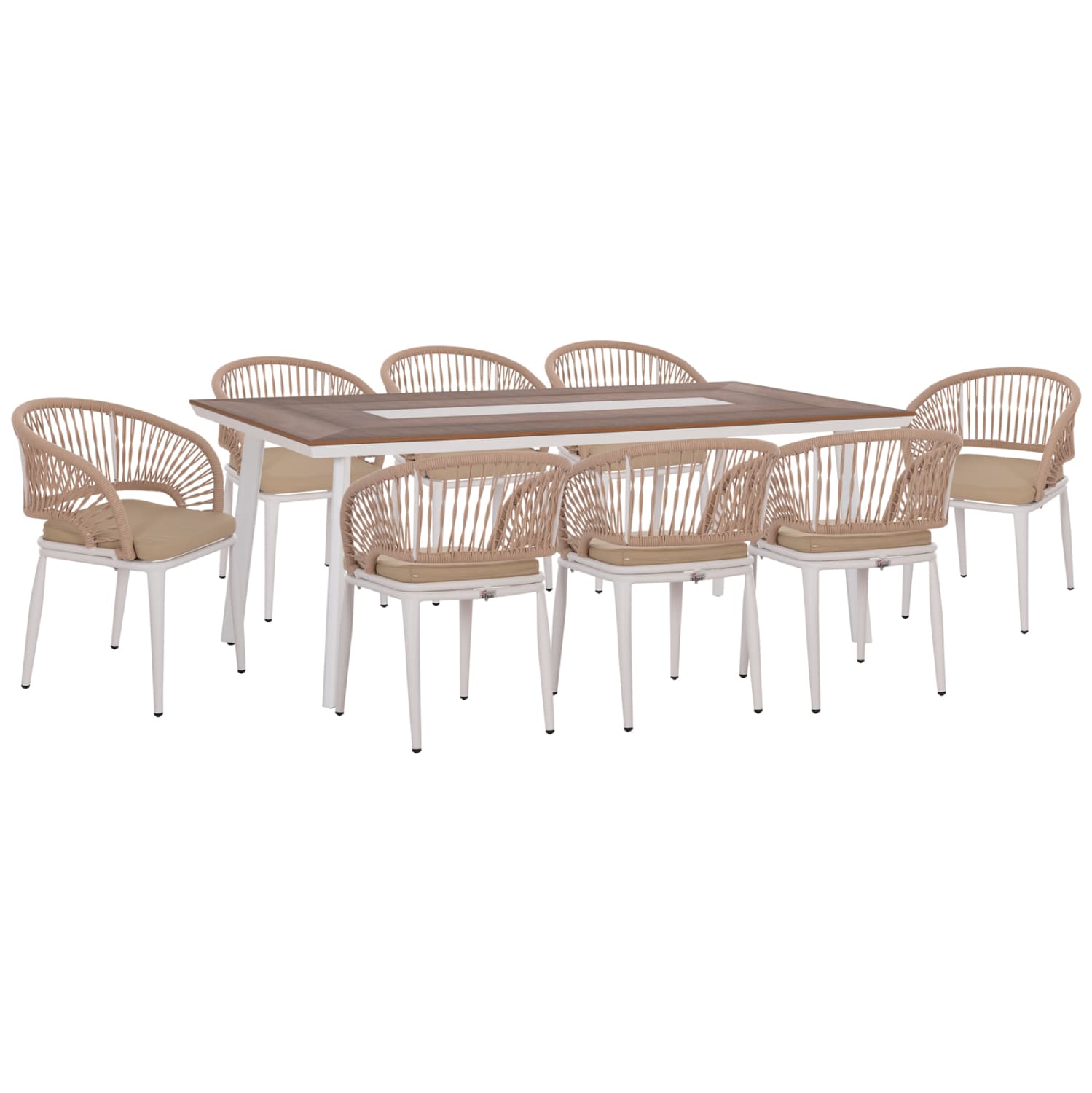 OUTDOOR DINING SET 9PCS MAGNET ALUMINUM IN WHITE--POLYWOOD--P.E.ROPE