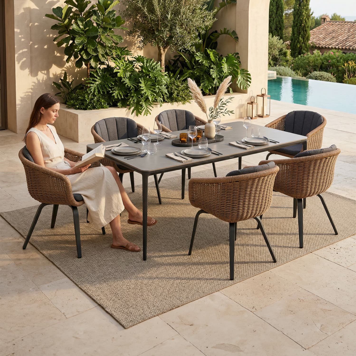OUTDOOR DINING SET 7PCS VICTUS GREY ALUMINUM-SINTERED STONE-OLEFIN--WICKER