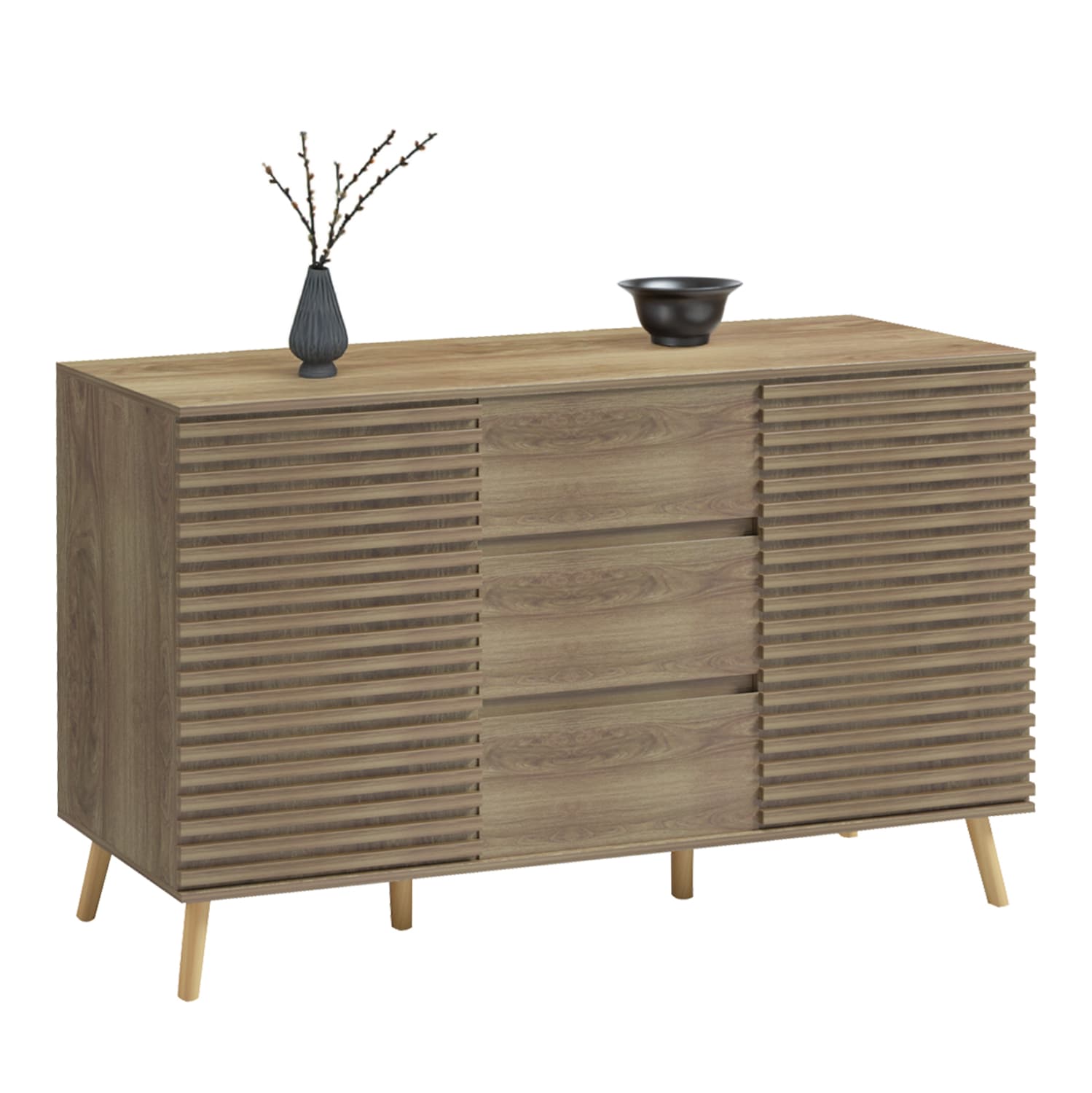 SIDEBOARD FAESTRO MELAMINE IN NATURAL WOOD COLOR--SOLID BEECH WOOD LEGS 140x40x85Hcm.