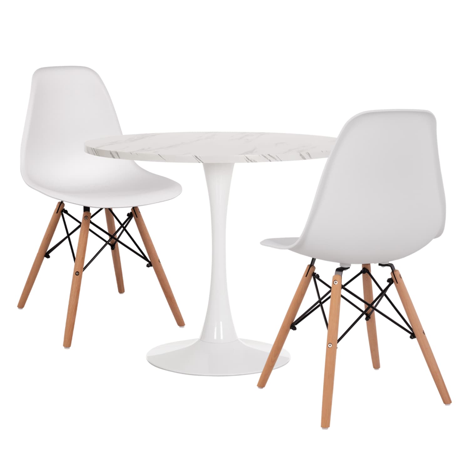 DINING SET 3PCS ROLLO ROUND TABLE--2 DINING CHAIRS IN WHITE