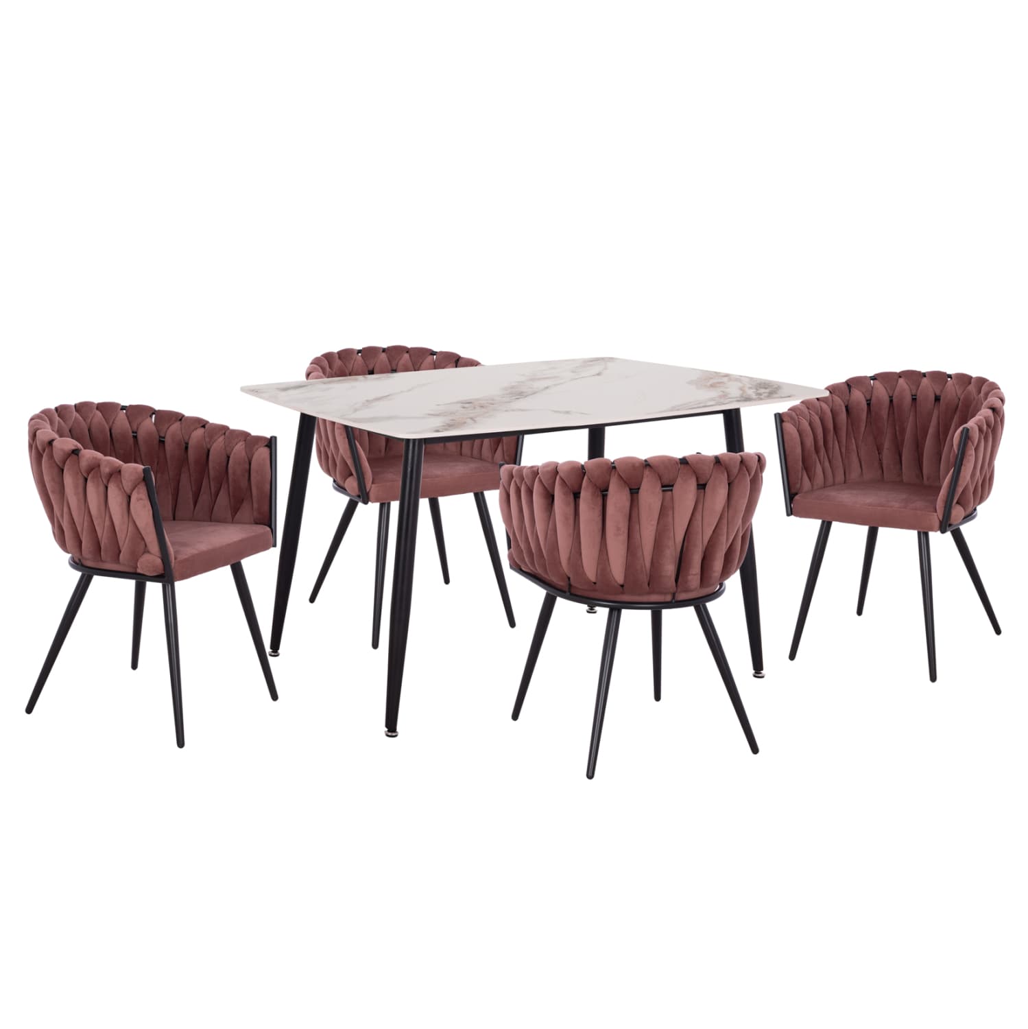 DINING SET 5PCS RAVEN CERAMIC TOP WHITE/BROWN MARBLE--DUSTY PINK VELVET