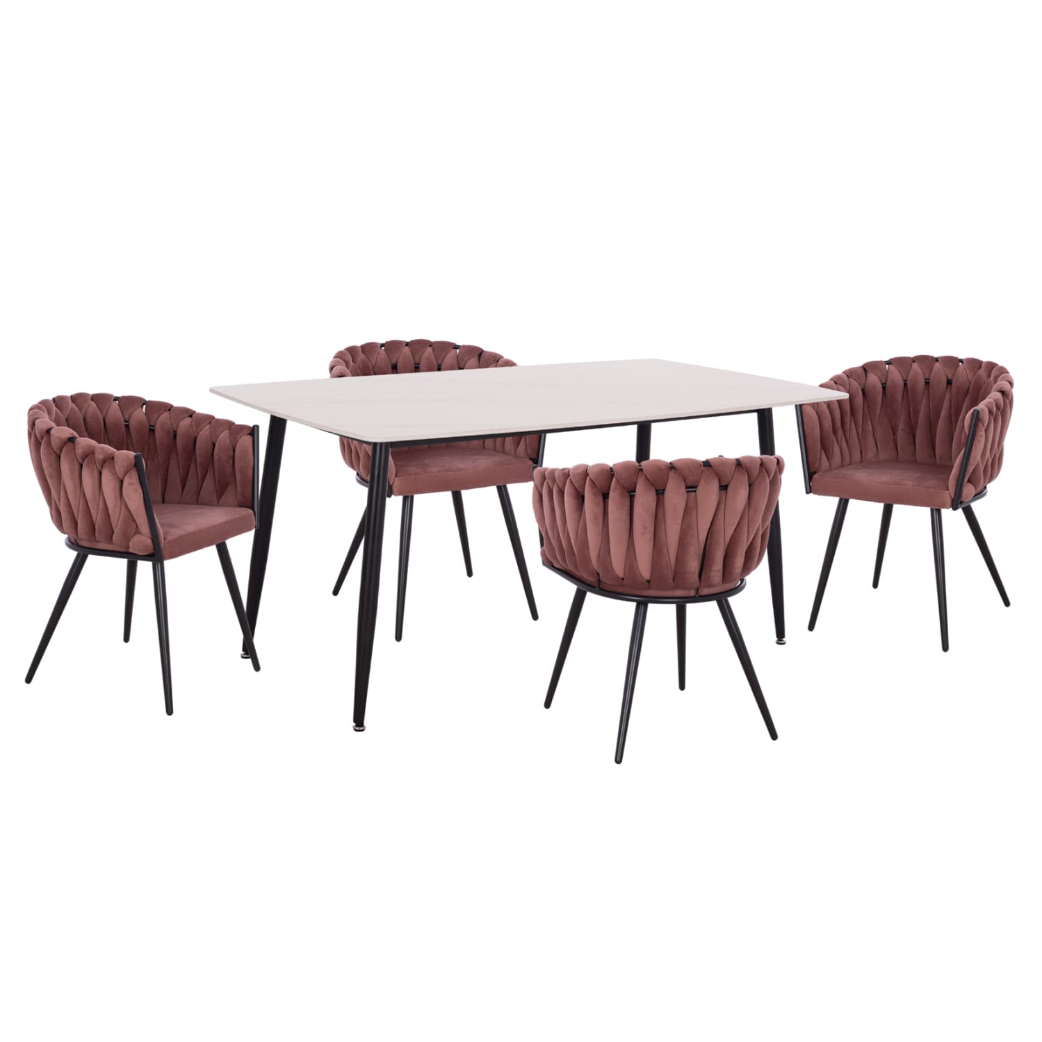 DINING SET 5PCS RAVEN CERAMIC TOP WHITE MARBLE--DUSTY PINK VELVET